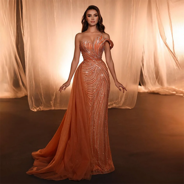 Luxury Dubai  Arabic Blue One Shoulder Luxury Dubai Evening Gown with Side Overskirt Beaded Dress for Women's Party LA72662