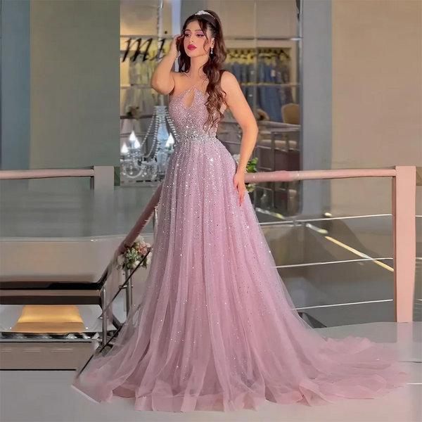 Luxury Dubai  Saudi Arabic Caramel Halter Beaded Tulle A-Line Evening Gown LA72863