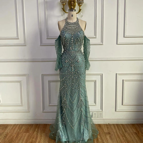 Luxury Turquoise Mermaid Evening Dress Detachable Sleeves LA72925