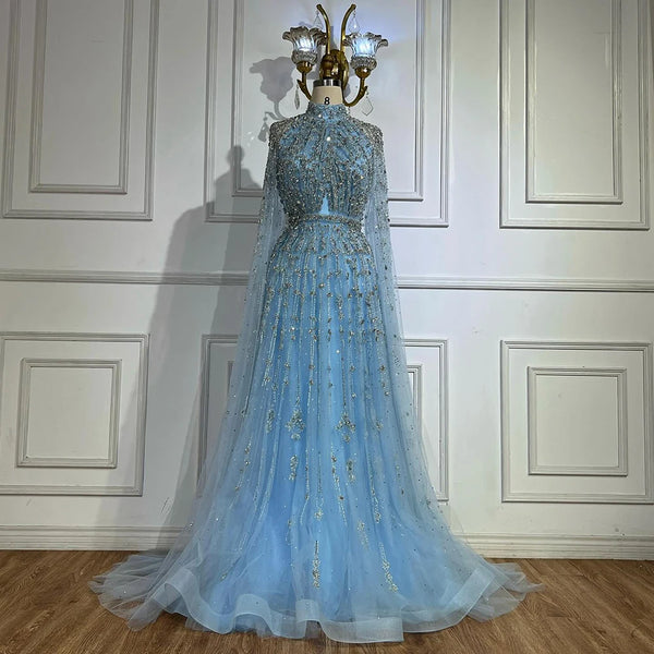 Luxury Blue Beaded A-Line Evening Gown with Cape Sleeves LA71803G