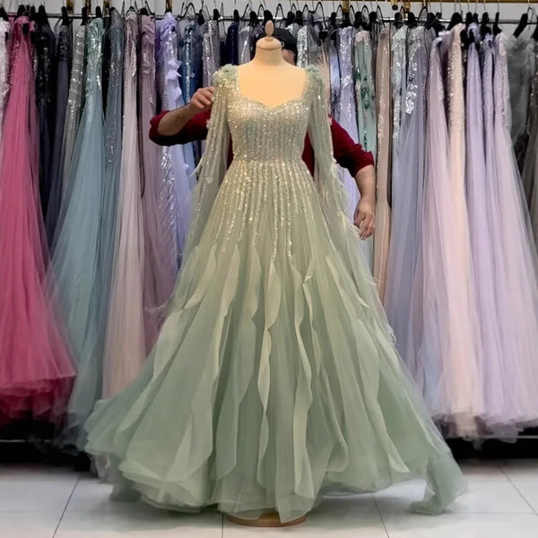 Luxury Sage Green Evening Dress  With Cape LA72984