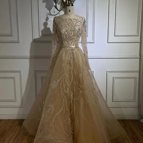 Luxury Muslim Nude A-Line Beaded Luxury Dubai Evening Dress  Long Sleeve LA71596A