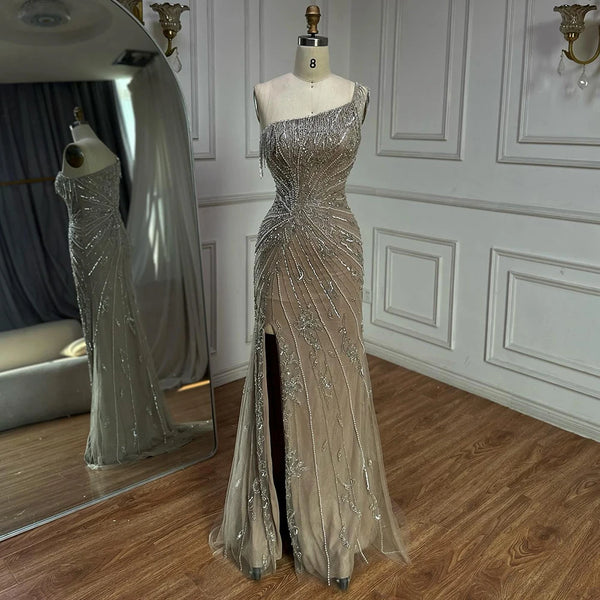 Luxury Caramel One Shoulder Beaded Slit Evening Gown with Tassel Detail LA72926