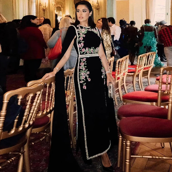 Luxury Embroidered Beaded Black Evening Gown Cape Formal LA72958