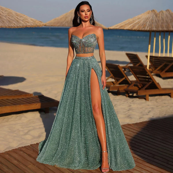 Luxury Dubai Customize  Saudi Turquoise Two-Piece Evening Dress with High Split for Formal Occasion LA72786
