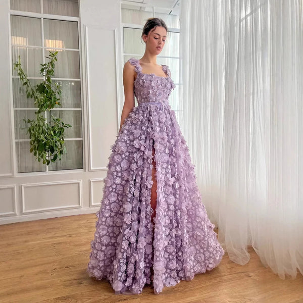 Luxury Lilac 3D Floral Embroidered Split Evening Dress LA72959
