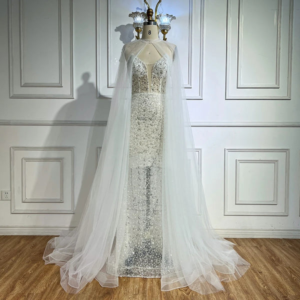 Luxury White Sequin Mermaid Evening Dress with Cape LA72996