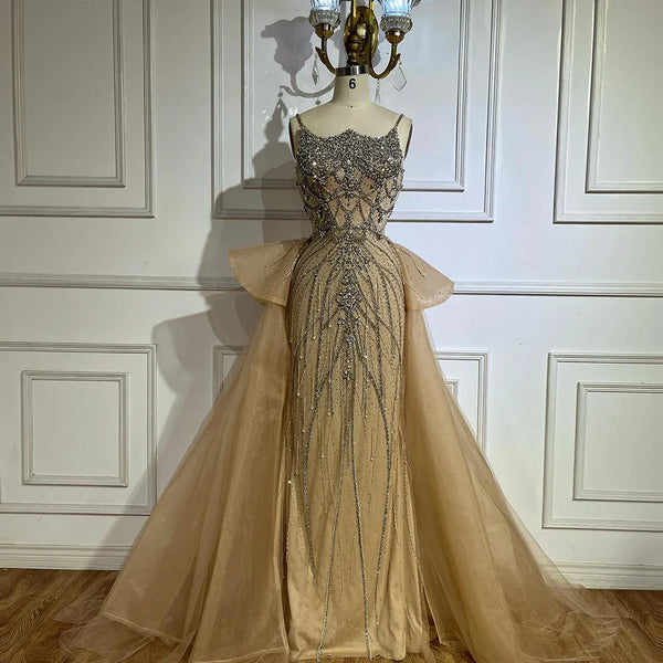 Luxury Dubai   Nude Saudi Beaded Spaghetti Strap Evening Dresses Gowns with Overskirt for Formal Occasion LA72810