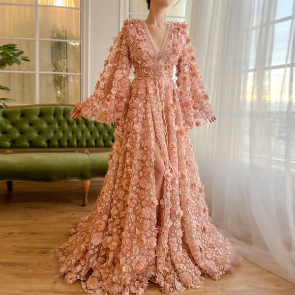Blush Peach-Pink 3D Flowers Evening Dresses with Bell Long Sleeves LA72960