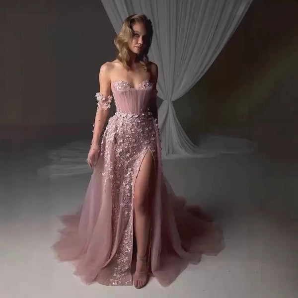 Elegant Pink 3D Floral High Slit Evening Gown with Gloves Overskirt LA72937