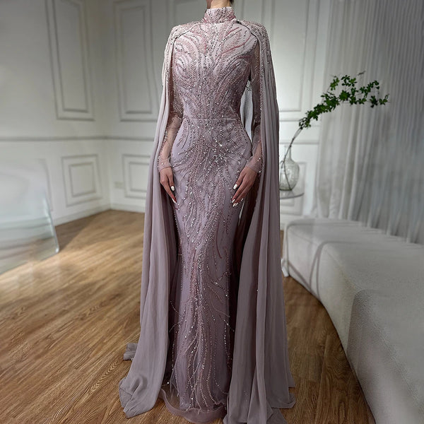 Luxury muslim Sage Green Evening Dresses Gowns with  Cape Long Sleeves LA72413A