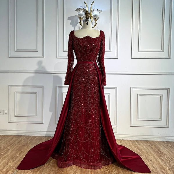 Luxury Wine Red Mermaid Evening Dress with Overskirt Plus Size LA72352A