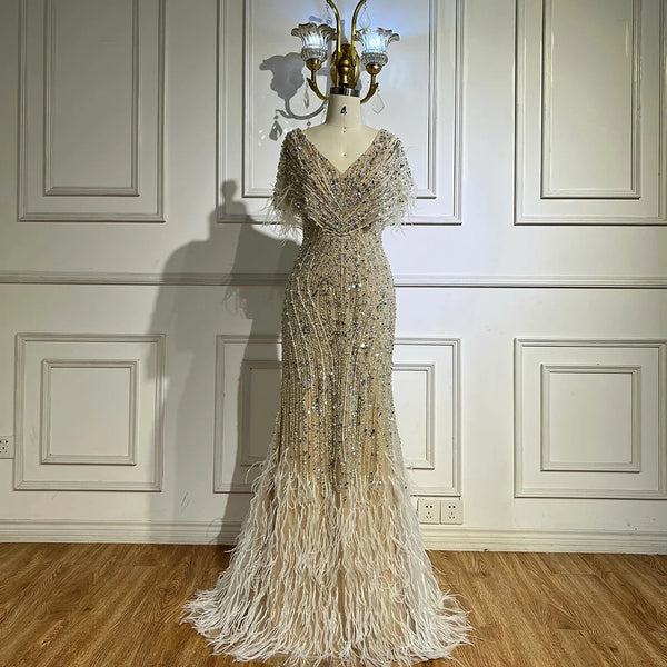 Luxury White Nude Beaded Feather Mermaid Evening DressLA72837