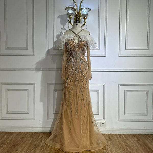 Luxury Dubai   Blue Feather Beaded Luxury Mermaid Evening Dresses Gowns for Women Formal Occasion LA72836