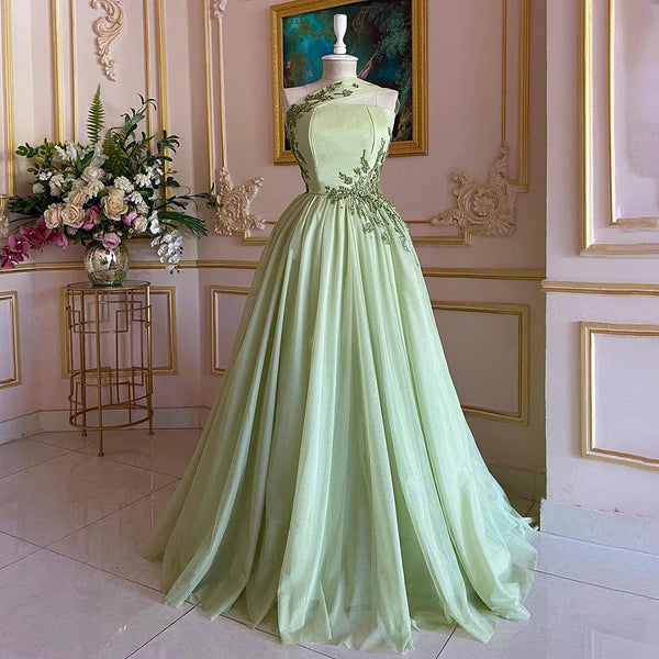 Luxury Dubai  Sage Green Elegant One-Shoulder A-Line Appliques Long Arabic Evening Gown for Formal Occasion LA72783
