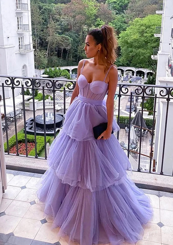 Serene Hill  Arabic Lilac A-Line Spaghetti Straps Long Tulle Prom Dress with Ruffles for Women's Party LA72681