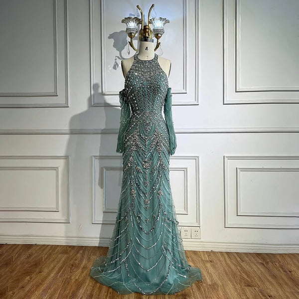 Luxury Turquoise Halter  Mermaid Evening Dress LA72980