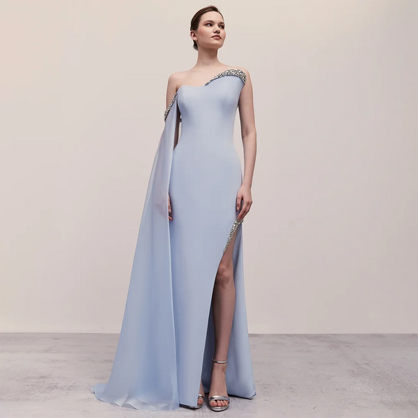 SERENE HILL Blue Satin Mermaid One Shoulder Elegant Cape Sleeve Beaded Evening Dress Women's Party Gown with High Split LA72504