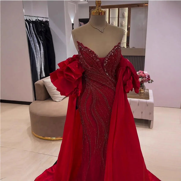 Luxury Red Strapless Mermaid Evening Dress with Cape LA72896