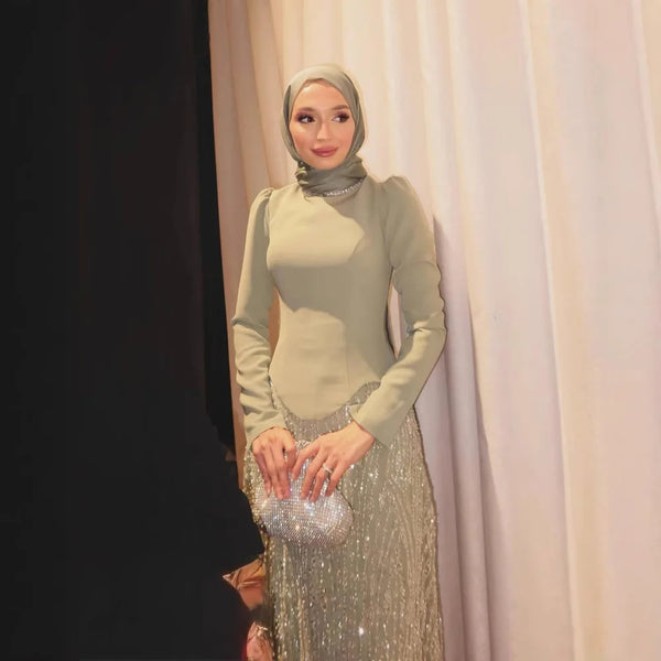 Luxury Sage Green Muslim Beaded Evening Dress LA72987