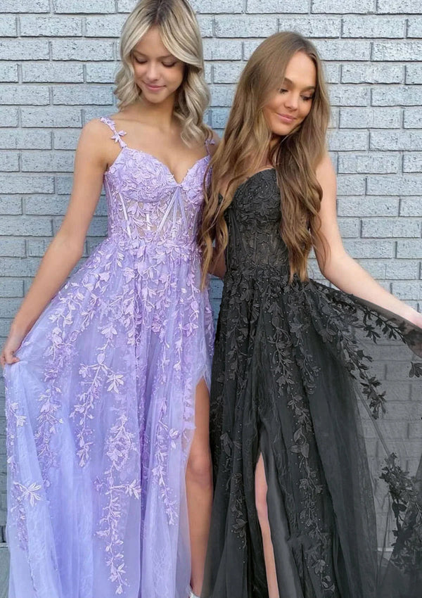 erene Hill  Arabic Lilac A-Line Spaghetti Straps Long Lace Prom Dress with Split LA72692