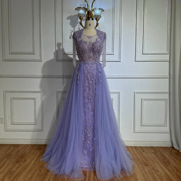 Serene Hill 2025 Arabic lilac Elegant A Line Beaded Tassel Luxury Dubai Evening Dresses Gowns for Woman Wedding Party LA72422