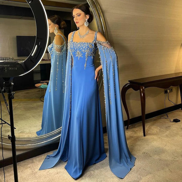 Chic Blue Crystal Evening Dress with Cape Sleeves LA72460