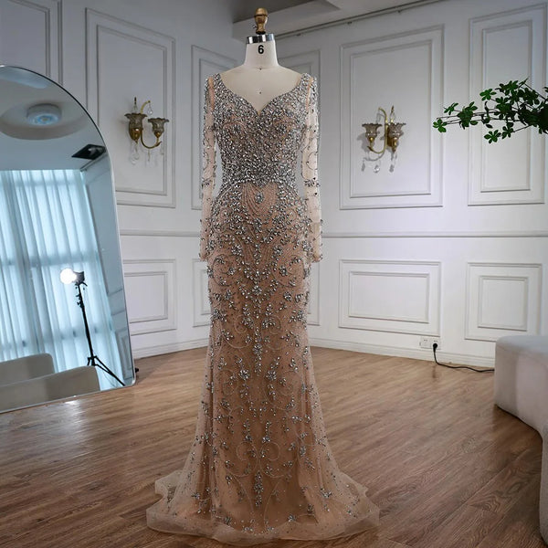 Luxury Nude Beaded Crystal Mermaid Evening Dress with Long Sleeves LA73042