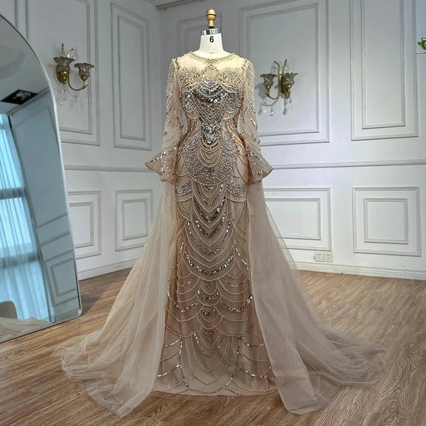 Luxury Arabic Nude Evening Dress Long Sleeve Overskirt  LA72971