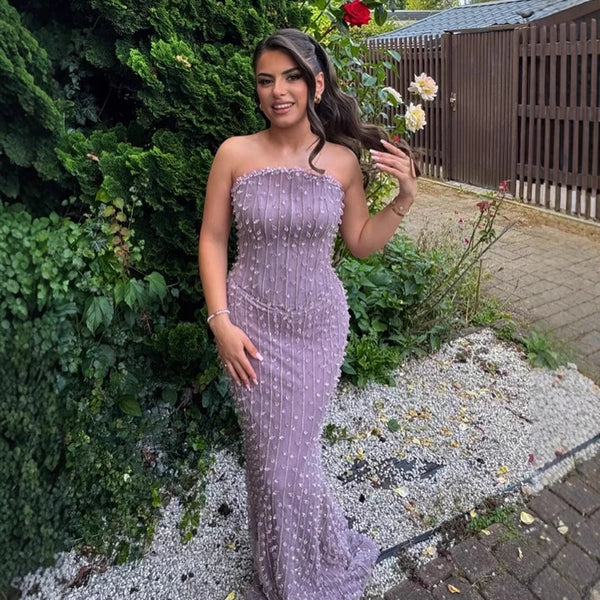 Elegant Beaded Strapless Lilac Mermaid Evening Gown Formal LA72950