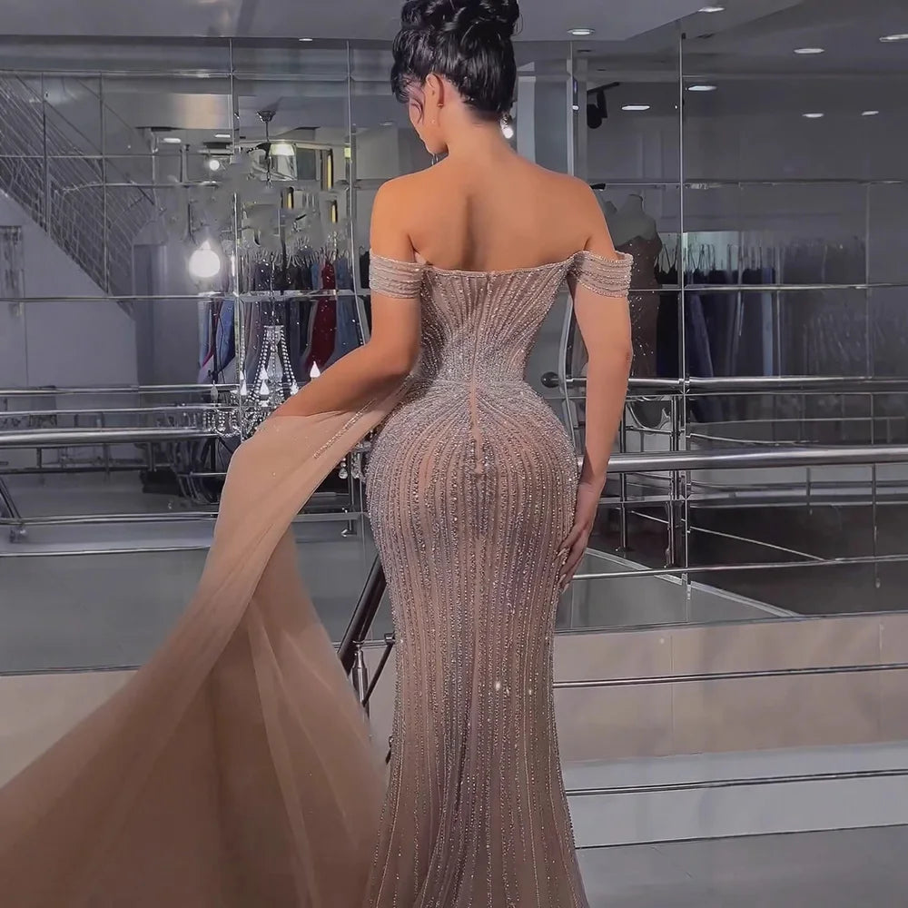 未使用 upper hights THE SERENA 淡MINK Luxury Nude Off Shoulder Beaded Mermaid Gown with Overskirt