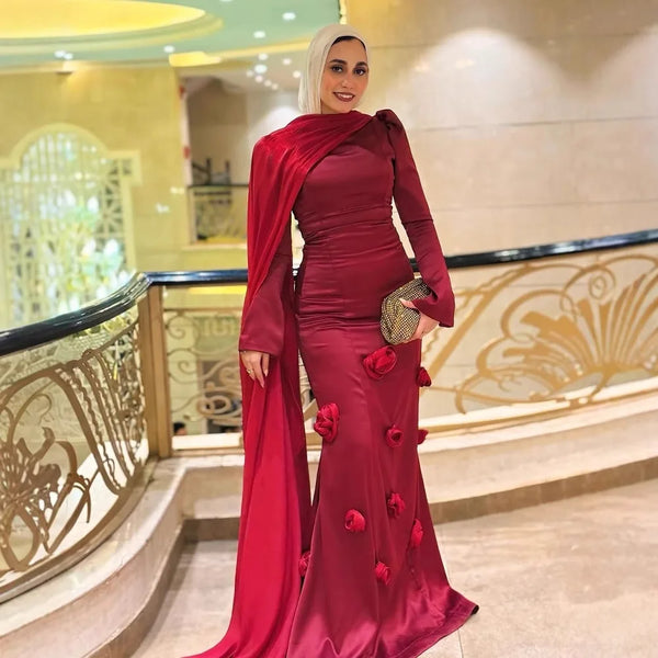 Modest Wine Red 3D Flower Mermaid Evening Dress LA72954A