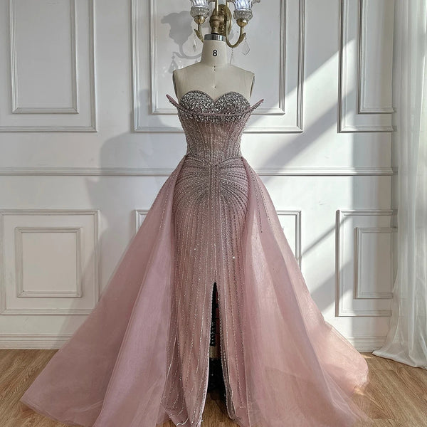 Luxury Dubai   Nude Beaded Mermaid Evening Dresses Gowns with Overskirt for Formal Occasion LA72811
