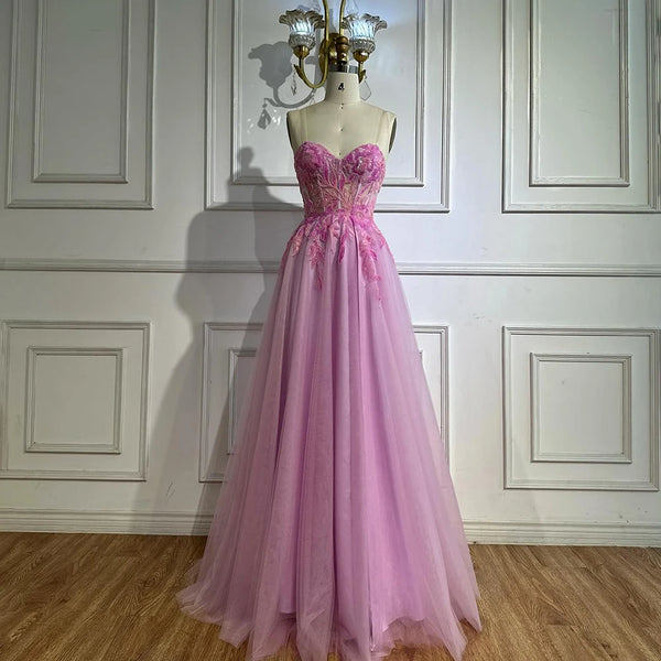 Luxury A-line Sweep Train Tulle Prom Dress with Appliqued LA72972