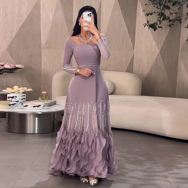 Luxury Lilac Ruffles Dubai Evening Dress Saudi Wedding Party LA72952