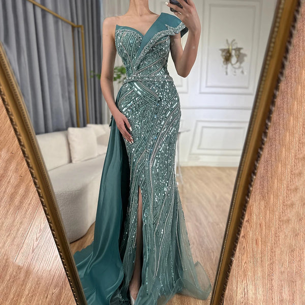Turquoise Luxury Beaded One Shoulder Evening Dress Wedding Party Gown LA72335