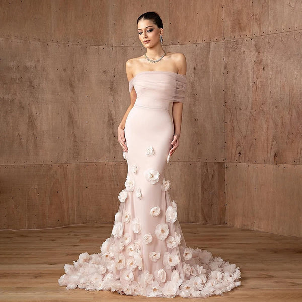 Elegant pink 3D flower off-shoulder evening dress LA72943