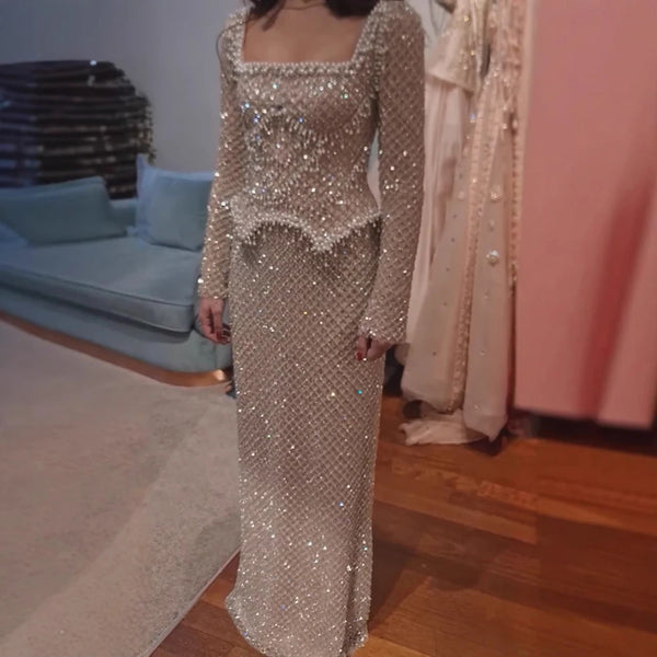 Luxury Pearl Beaded Mermaid Evening Dress with Long Sleeves LA72919A