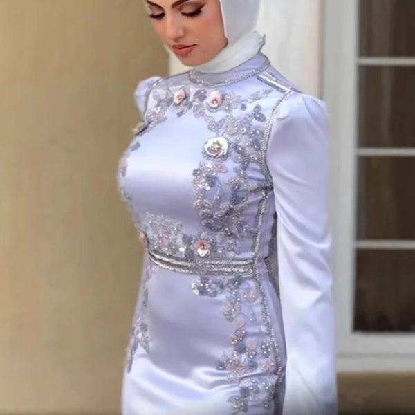 Luxury Muslim Lilac Satin Lace Evening Dress LA72751