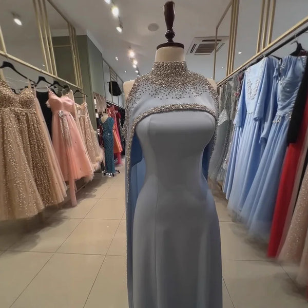Elegant High Neck Evening Dress with Crystals and Long Cape LA73068