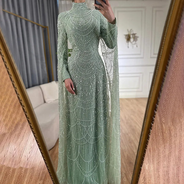 Luxury Dubai  Muslim Sage Green Pearls  Evening  Dress With Cape Plus Size LA72591