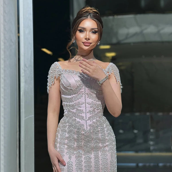 Pink Mermaid Beaded Evening Dress with Short Sleeves LA72787