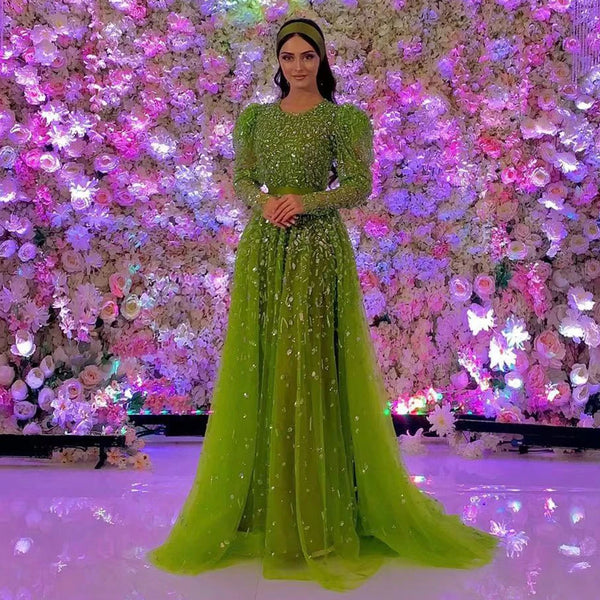 Green Mermaid Elegant With Skirt Sleeves Beaded Evening Dresses Gowns For Party LA71762