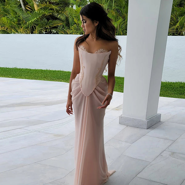 Luxury Pink Handmade Draped Chiffon Mermaid Evening Gown Corset LA72946