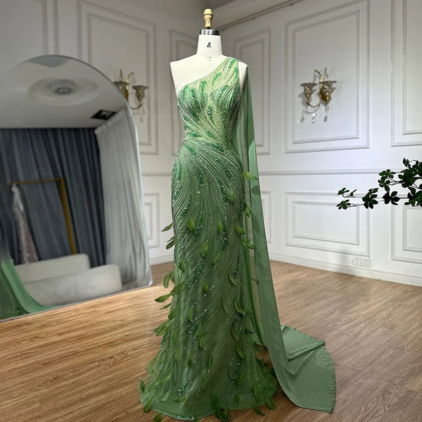 Serene Hill  Arabic Green One Shoulder Beaded Feathers Luxury Evening Gowns with Side Cape Shawl for Women's Party LA72698