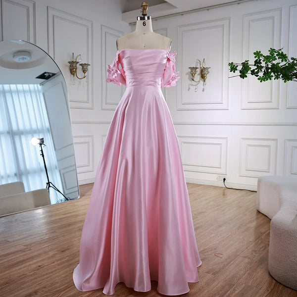 Luxury Pink Satin A Line Off Shoulder Arabic Evening Dress LA73036