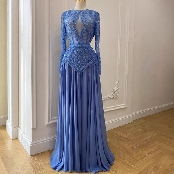 Luxury Designer  Blue Beaded Evening Dress with Long Sleeves LA72962