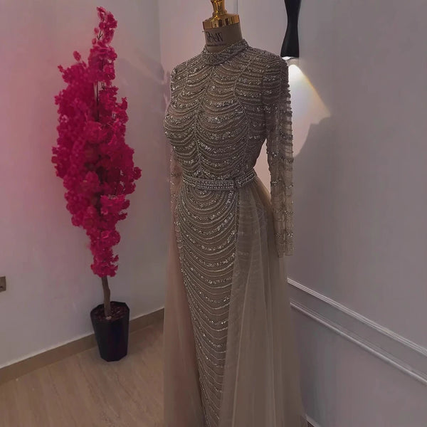 Luxury Caramel Beaded Mermaid Evening Dress with Overskirt LA72362A