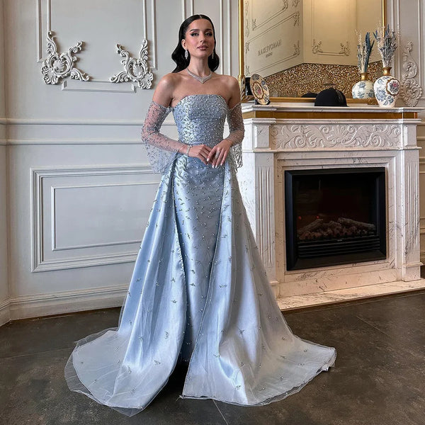 Serene Hill  Arabic Blue Beaded Pearls Luxury Dubai Evening Gowns with Side Skirt for Women Wedding party LA72705