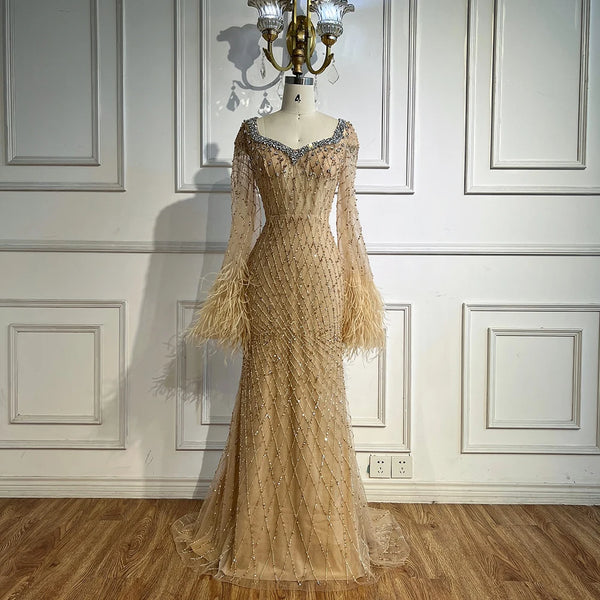 Luxury Nude Beaded Evening Dress with Feather Cuffs LA72892
